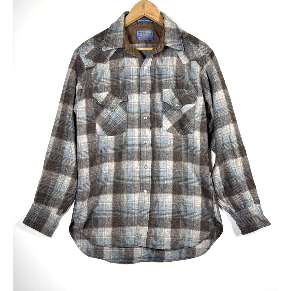 Pendleton Wool Shirt Medium Brown Blue Plaid‎ Vintage High Grade Western Wear